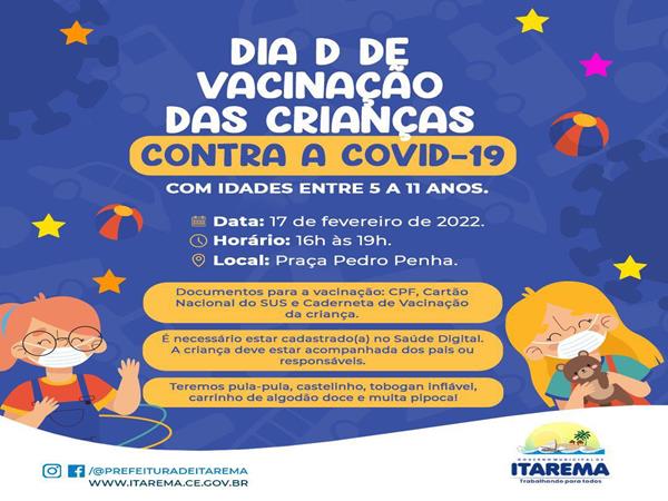 Campanha de vacinação contra a covid-19 para crianças de 05 a 11 anos.