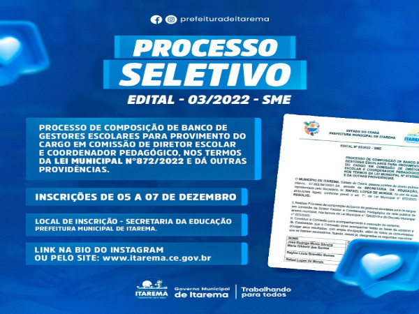 Secretaria de Educação lança PROCESSO SELETIVO PARA COMPOSIÇÃO DE BANCO DE GESTORES ESCOLARES