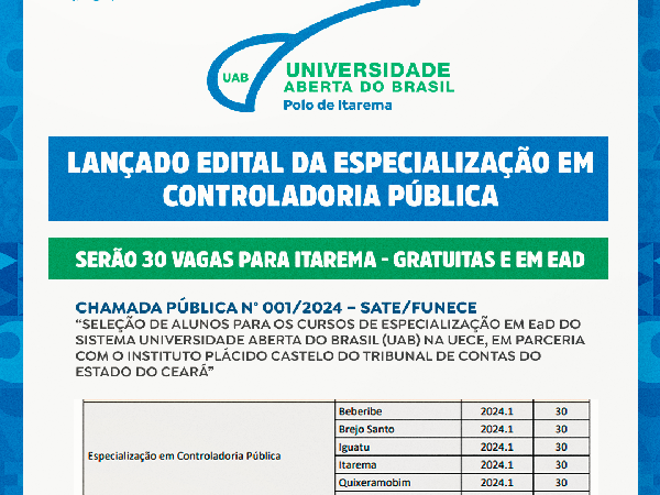 LANÇADO EDITAL DA ESPECIALIZAÇÃO EM CONTROLADORIA PÚBLICA